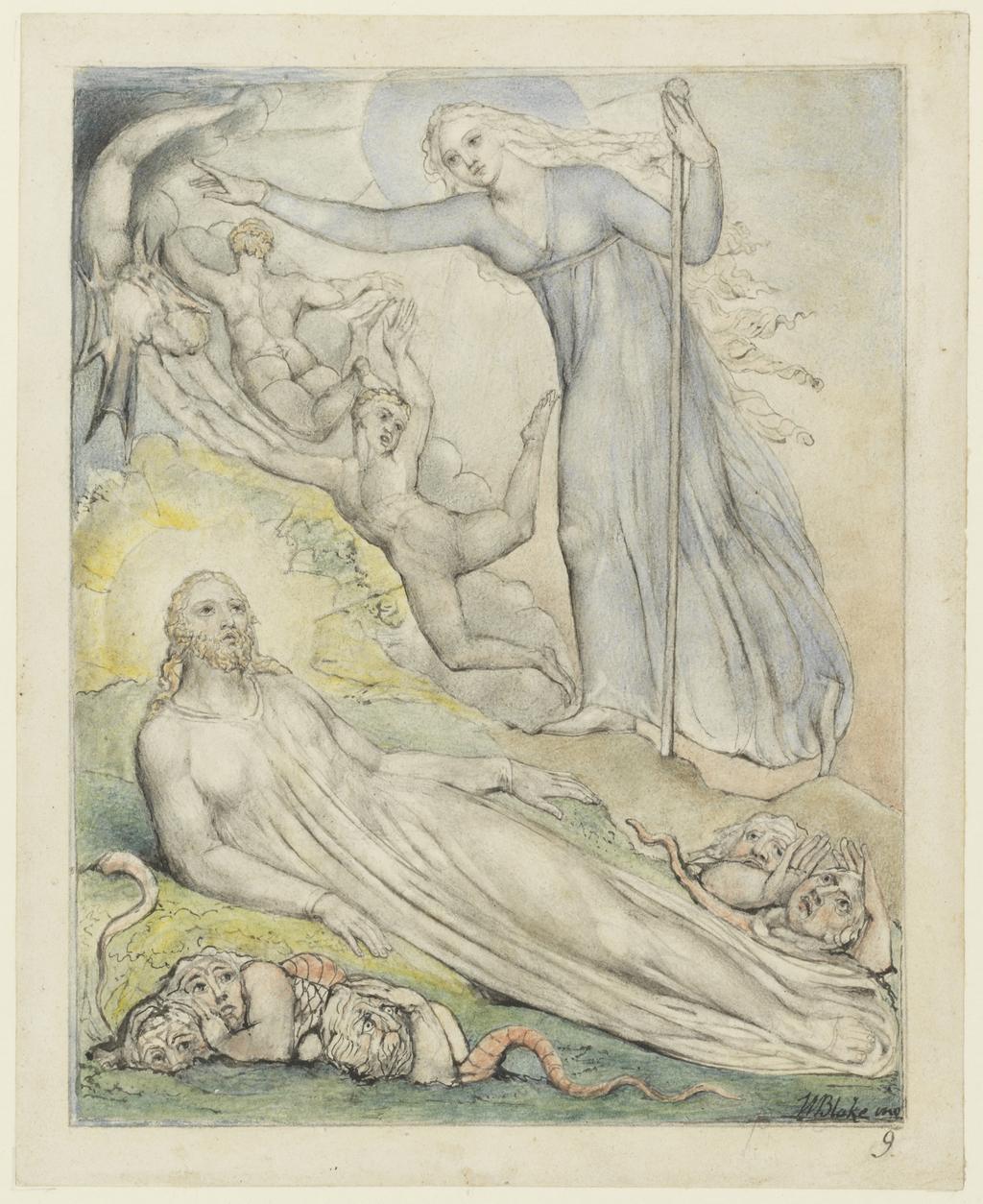 An image of Morning chasing away the phantoms. Paradise Regained. Blake, William (British, 1757-1827). Pen, Indian ink, grey wash and watercolour on paper, height 165 mm, width 130 mm, circa 1816-1818. Production Note: One of a series of 12 designs.