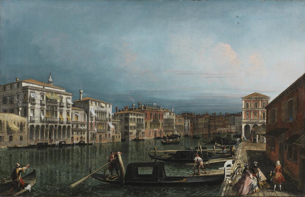 An image of The Grand Canal, Venice, above the Rialto bridge. Marieschi, Michele (Italian, 1710-1743). Oil on canvas, height 62 cm, width 96.4 cm. Venetian School.