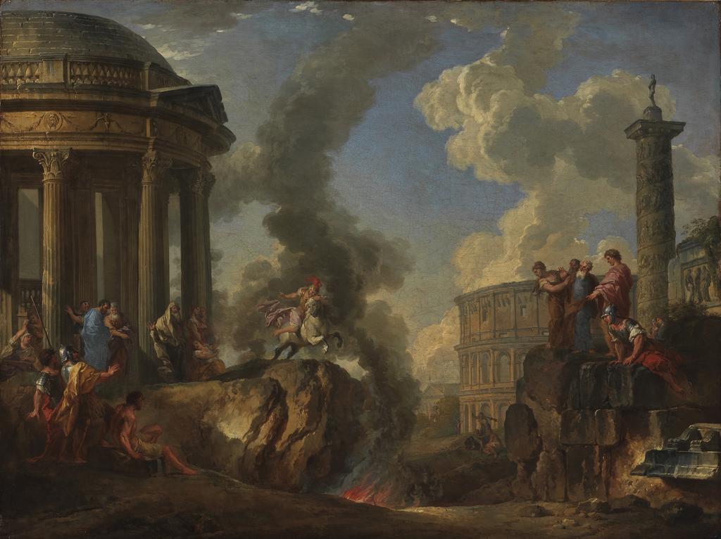 An image of Marcus Curtius leaping into the gulf. Pannini, Giovanni Paolo (Italian, 1691/2-1765). Oil on canvas, height 73.7 cm, width 98.1 cm. Roman School.