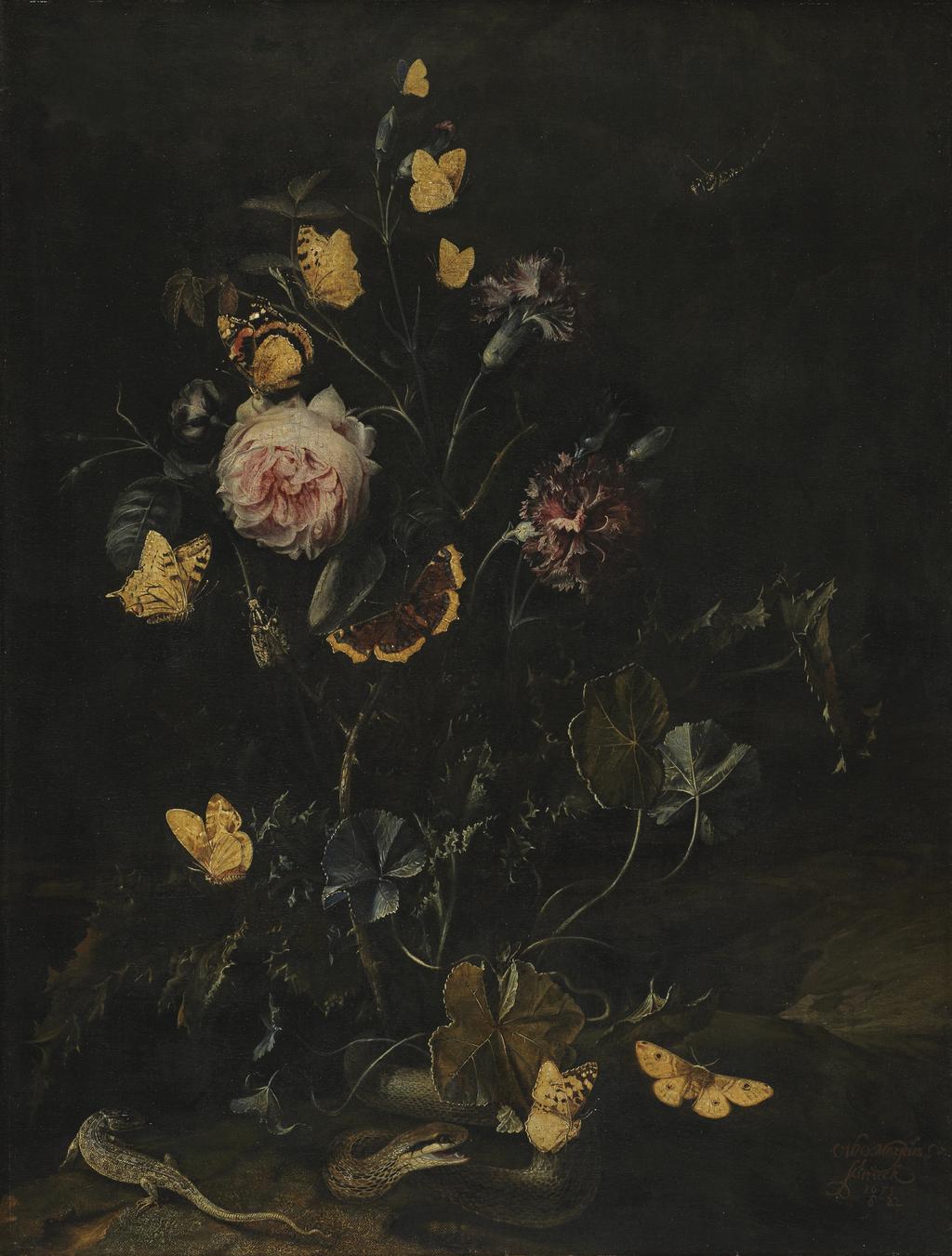 An image of Flowers, insects and reptiles. Marseus van Schrieck, Otto (Dutch, c.1619-1678). Oil on canvas, height 69.5 cm, width 52.7 cm, 1673.