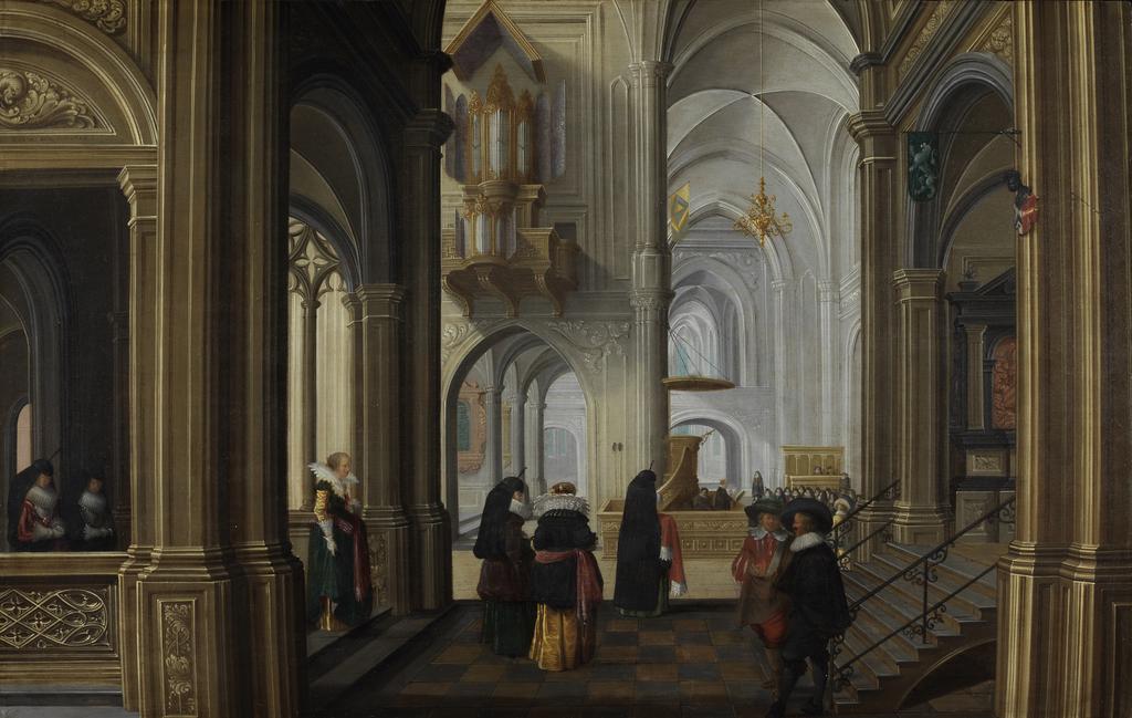 An image of Interior of a Church. Delen, Dirck van (Dutch, 1604/5-1671). Oil on panel, height 36.8 cm, width 58.1 cm, 1628.