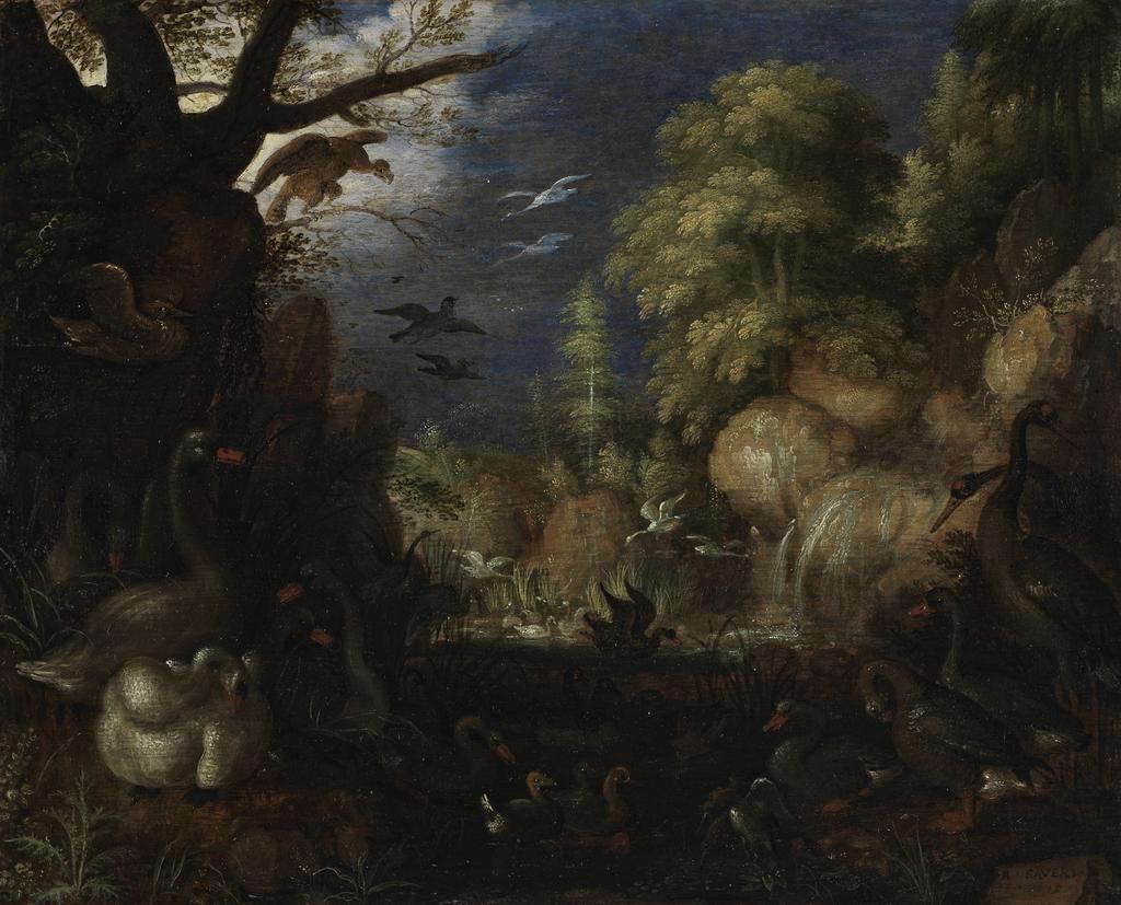 An image of The Creation of Birds. Savery, Roelant (Dutch, 1576-1639). Oil on panel, height 20.6 cm, width 25.4 cm, 1619.