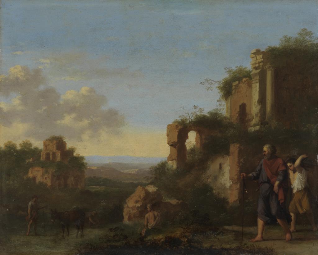 An image of Landscape, with Abraham and Isaac. Poelenburgh, Cornelis van (Dutch, 1586(?)-1667). Oil on copper, height 19.0 cm, width 23.8 cm. 17th Century.