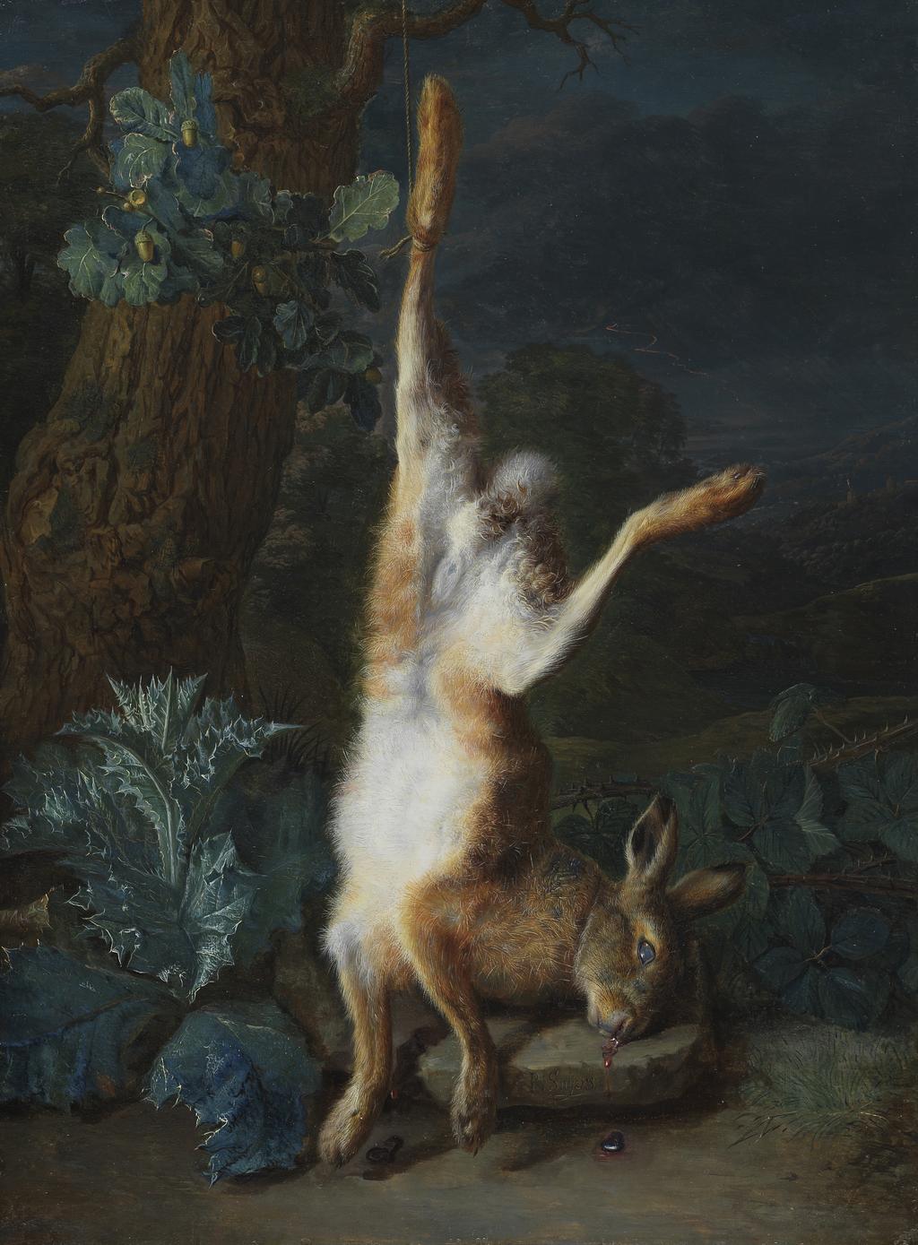 An image of A dead hare. Snyers, Peeter (Flemish, 1681-1752). Oil on copper, height 41.5 cm, width 30.9 cm.