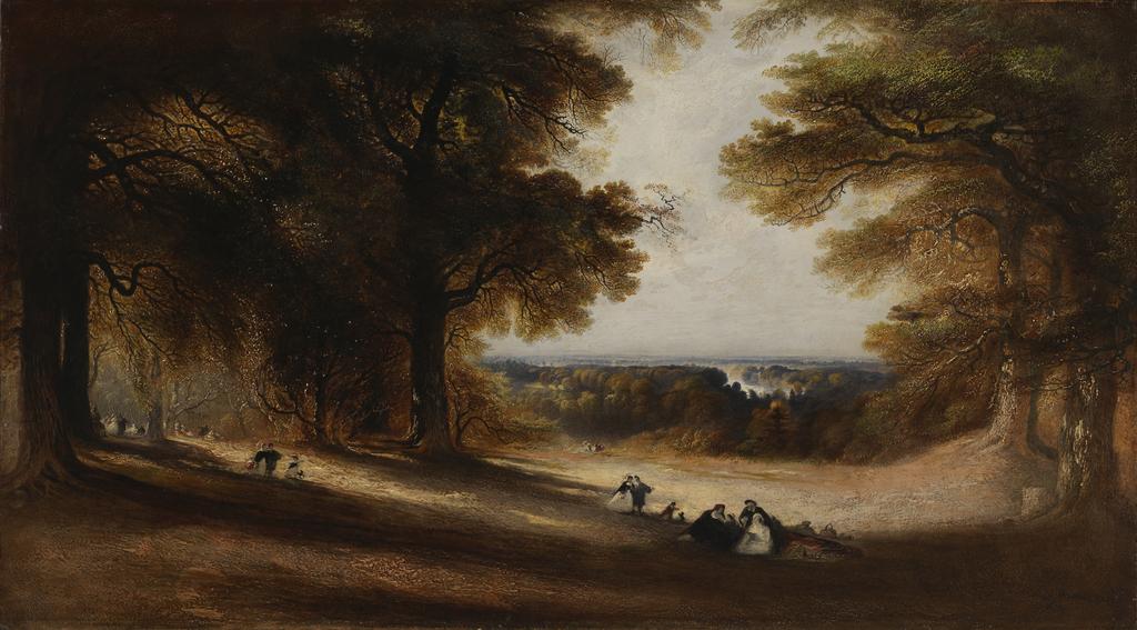 An image of Landscape: View in Richmond Park. Martin, John (British, 1789-1854). Oil on paper marouflé onto Sunderland A Board with cellofas, height 50.8 cm, width 91.5 cm, 1850.