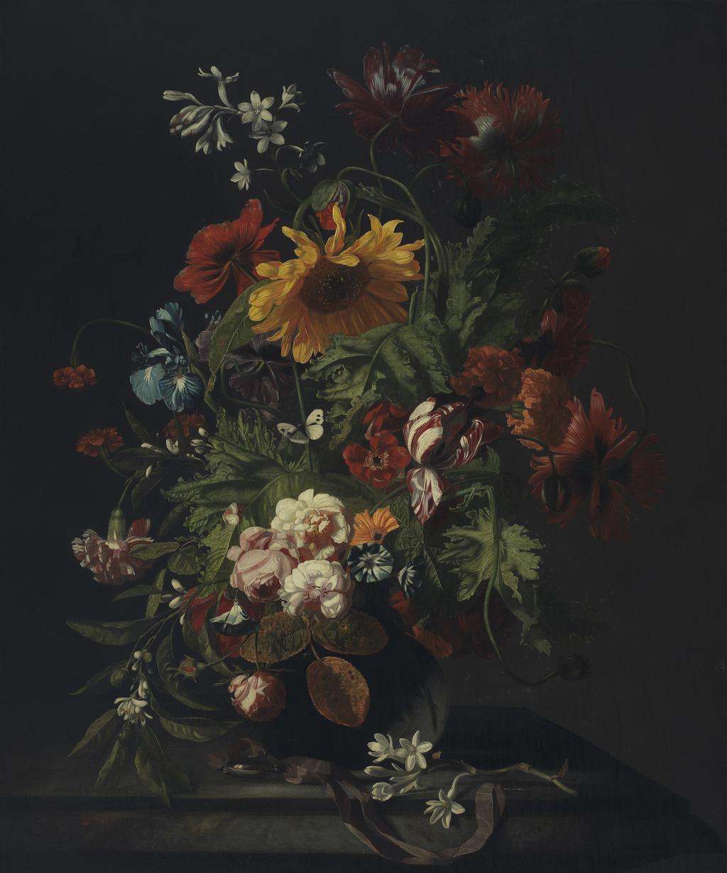 An image of Vase of Flowers. Verelst, Simon Pietersz. (Dutch, 1644-1710(?)/21). Oil on canvas, 106.6 cm, width 88.8 cm (approx). Acquisition: given 1966; Fairhaven, Henry Rogers Broughton.