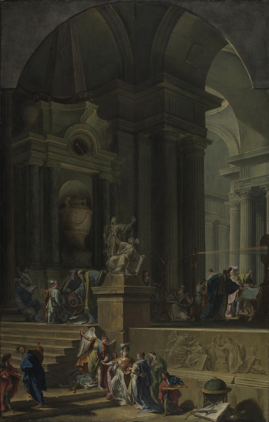 An image of An allegorical monument to Sir Isaac Newton. Pittoni, Giovanni Battista, the younger (1687-1767), Valeriani, Domenico (Italian, op.1700-m.a.1771), Valeriani, Giuseppe (Italian, op.1742-m.1761). Oil on canvas, height (painted area) 220 cm, width (painted area) 139 cm, 1727 to 1729.