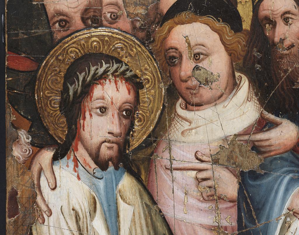 An image of Christ Before Pilate. Unknown, English. Egg tempera on panel, height 29.8 cm, width 33 cm, circa 1400-1425.