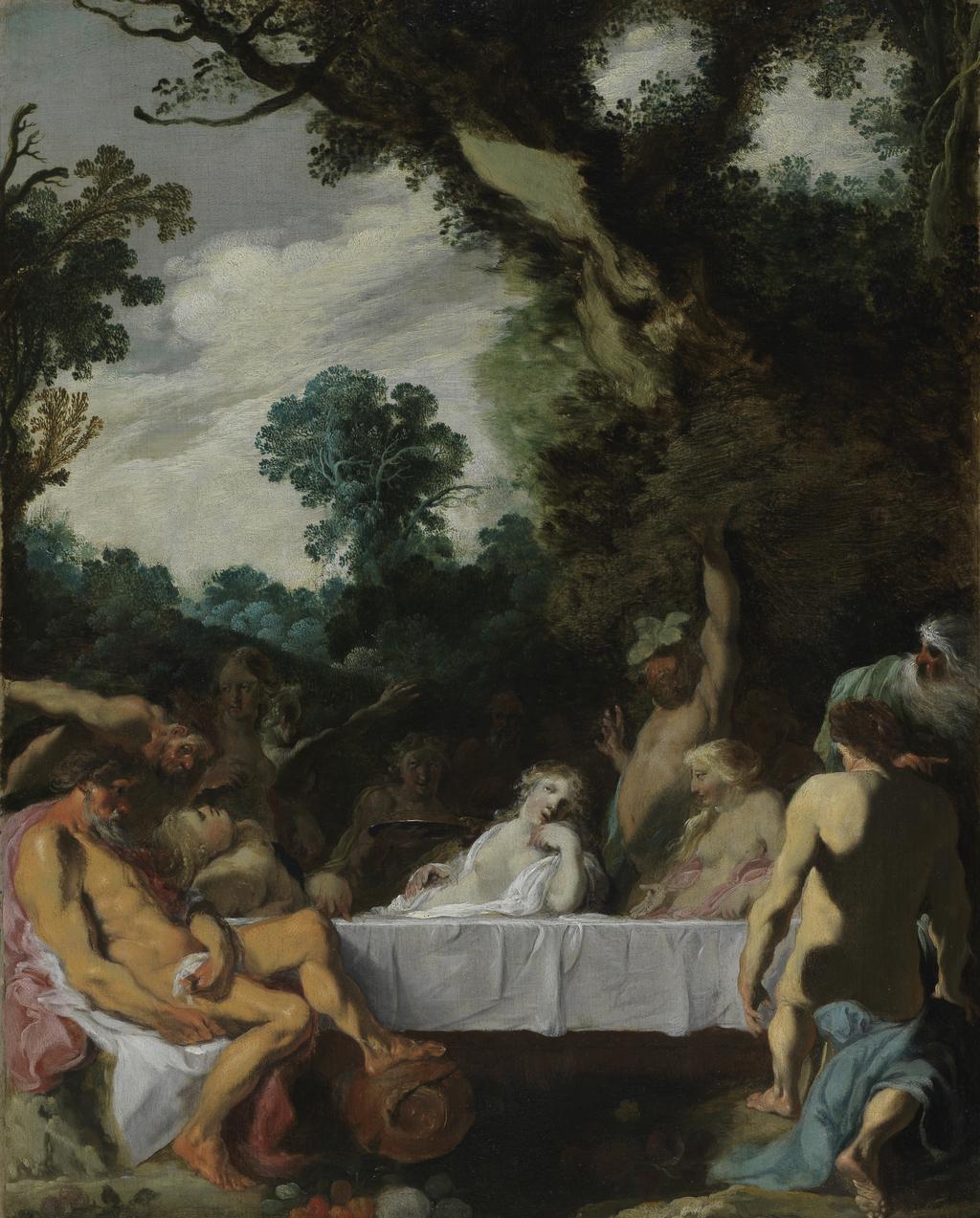 An image of A Bacchanalian feast. Liss, Johann (Pan) (German, c.1590/97-1627/31). Oil on panel, height, panel (wood), 34.2 cm, width, panel (wood), 27.3 cm, circa 1617. From the Cunliffe Fund with contributions from the National Art Collections Fund and the Victoria and Albert Museum Grant-in-Aid.