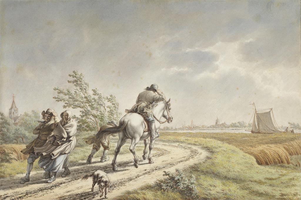 An image of A windy day. Cats, Jacob (Dutch, 1741-1799). Pen, brown ink, with watercolour and traces of bodycolour, and a line of grey wash bordering it on all sides, on paper laid down on card, height 195 mm, width 292 mm, 1794.