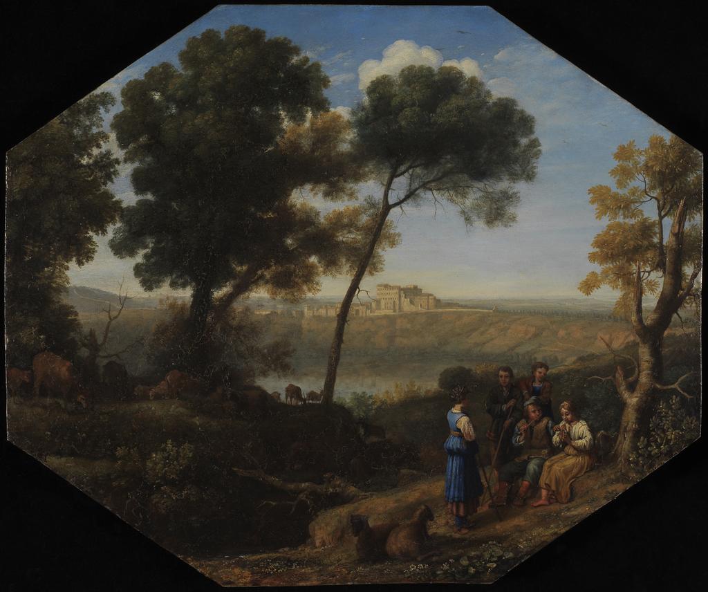 An image of Pastoral landscape with Lake Albano and Castel Gandolfo. Claude Lorrain (French, 1600-1682). Oil on tin, height 30.5 cm, width 37.5 cm, 1639.