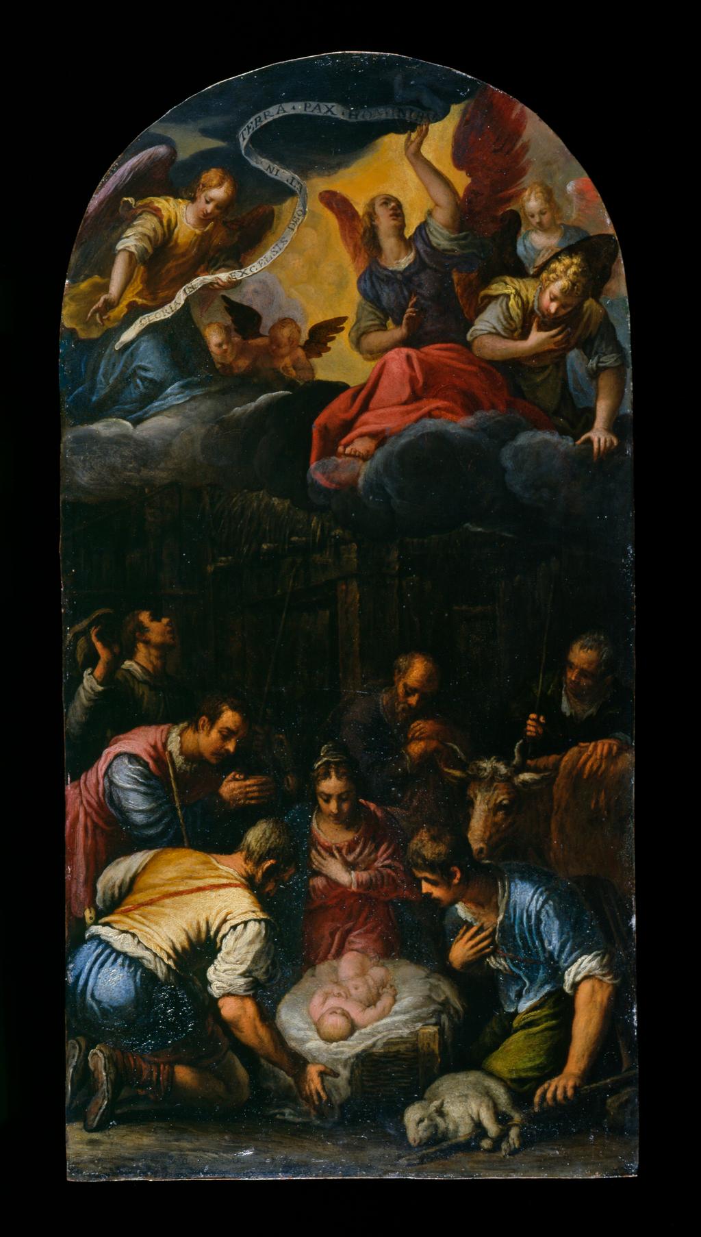 An image of The Adoration of the Shepherds. Turchi, Alessandro (Orbetto), (Italian,1578-1649). Oil on copper, height 47.4c m, width 23.4 cm, 1600-1610. Acquisition Credit: The National Art Collections Fund (The Vera and Aileen Woodroffe Bequest).