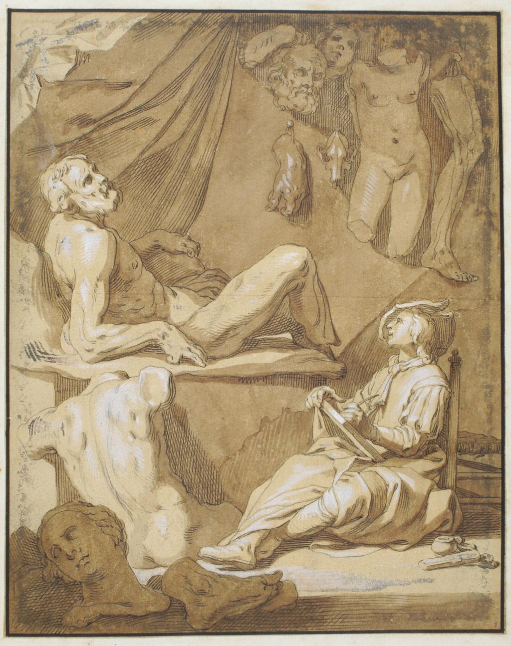 An image of An artist sketching from a statue. Bloemaert, Abraham (Dutch, 1564-1651). Pen and black ink, light brown wash, heightened with white (slightly oxidised), traces of graphite underdrawing, surrounded by ruled ink line, on laid paper, stuck to album sheet, which has been cut to show the verso of the support. Height, support, 280 mm, width 223 mm; height,  leaf, 397 mm, width 301 mm. Leather bound album containing 161 drawings. Cover boards with gold tooling. Edges of leaves gilt. Book bound in 18th Century (binding paper). PD.166-1963.f5
