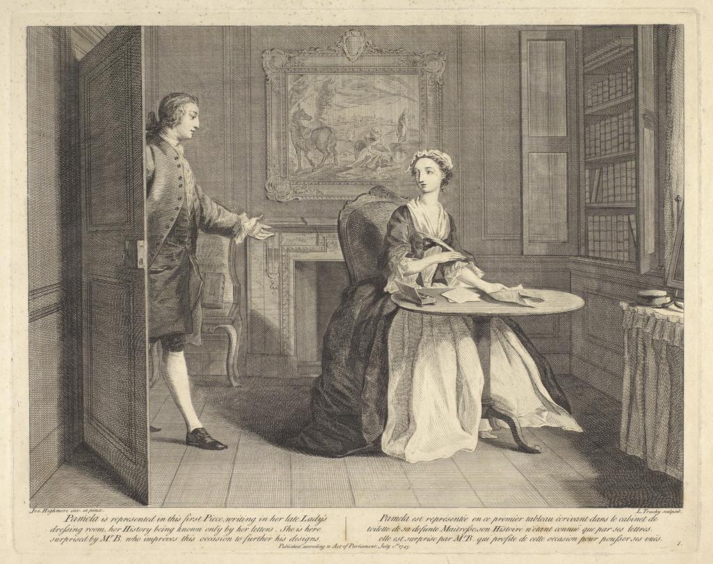 An image of Mr.B finds Pamela writing. Plate 1: Pamela writing in her late Lady's dressing room. Adventures of Pamela. Truchy, Laurent (French, 1721 (1731?)-1764). After Highmore, Joseph (British, 1692-1780). Richardson, Samuel, author. Etching, engraving, 1745.