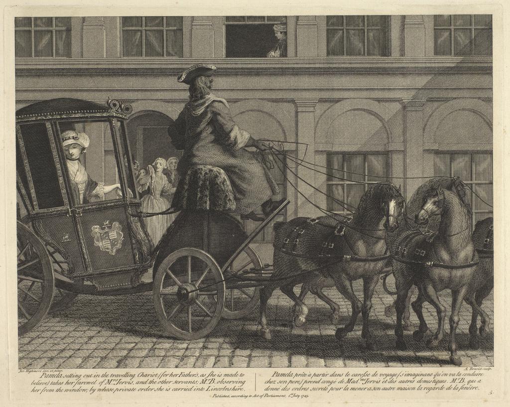 An image of Pamela leaves Mr B's house in Bedfordshire. Plate 5. Adventures of Pamela. Benoist, Antoine (French, in Britain, 1721-1770). After Highmore, Joseph (British, 1692-1780). Richardson, Samuel, author. Etching, engraving, 1745.