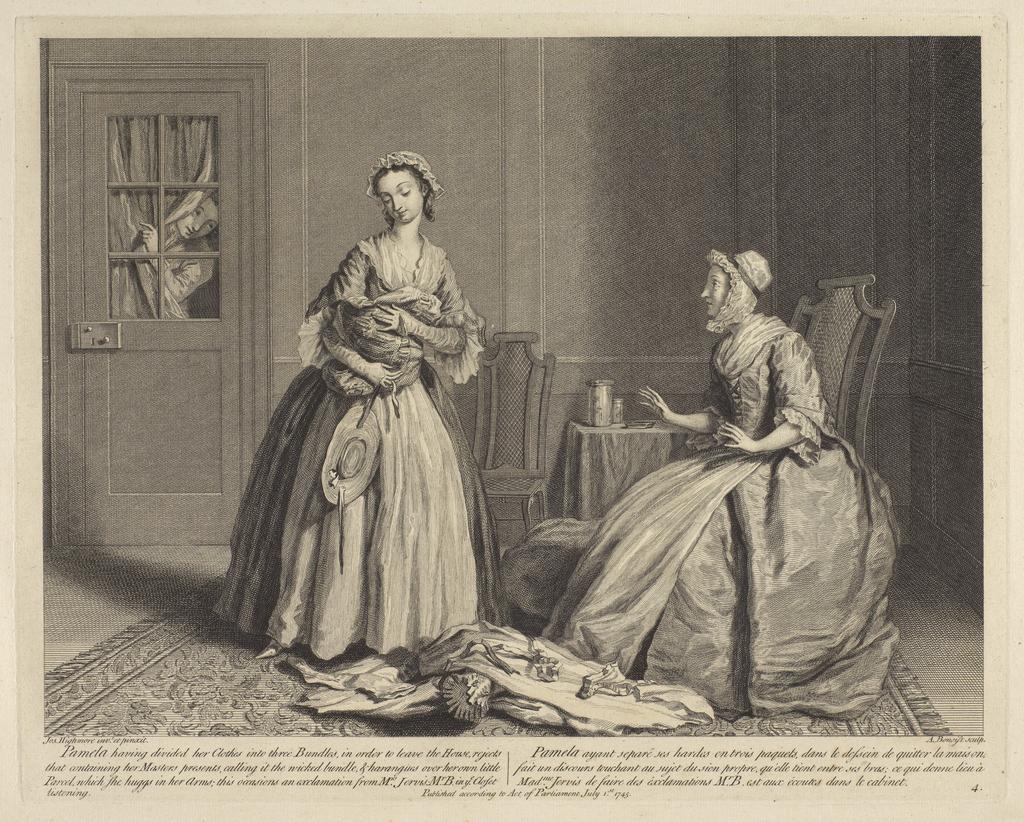An image of Pamela preparing to go home. Plate 4. Adventures of Pamela. Benoist, Antoine (French, in Britain, 1721-1770). After Highmore, Joseph (British, 1692-1780). Richardson, Samuel, author. Etching, engraving, 1745.
