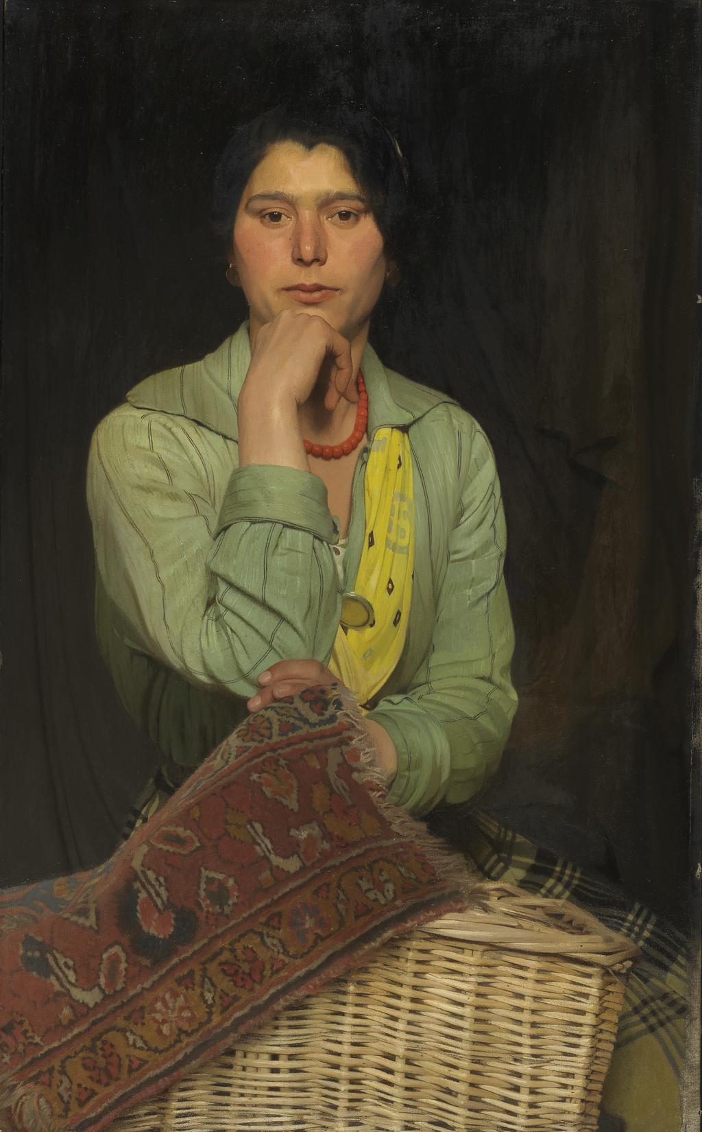 An image of The gipsy. Beeton, Alan (British, 1880-1942). Oil on canvas, height, canvas, 92.7 cm, width, canvas, 57.1 cm; height, frame, 114.8 cm, width, frame, 79.6 cm, depth, frame, 6 cm.