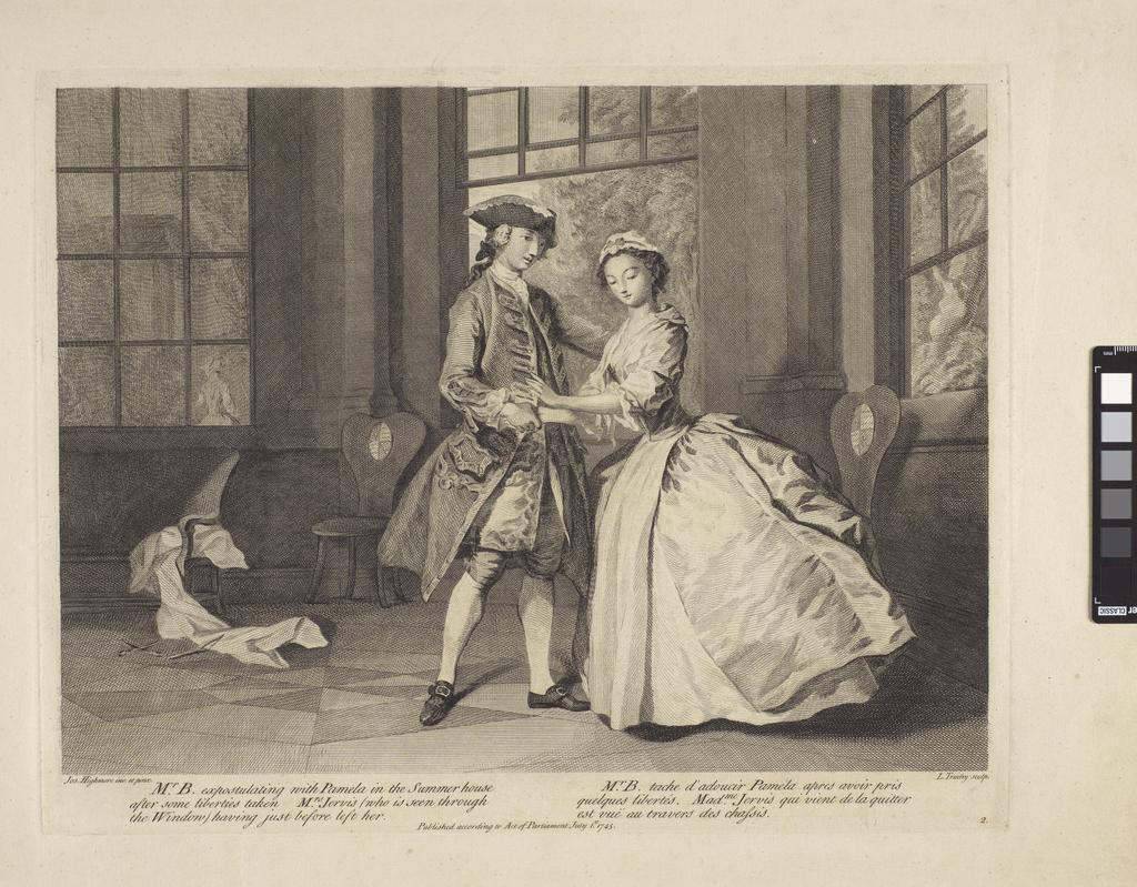 An image of Pamela and Mr.B in the summer house. Plate 2. Adventures of Pamela. Truchy, Laurent (French, 1721 (1731?)-1764). After Highmore, Joseph (British, 1692-1780). Richardson, Samuel, author. Etching, engraving, 1745.