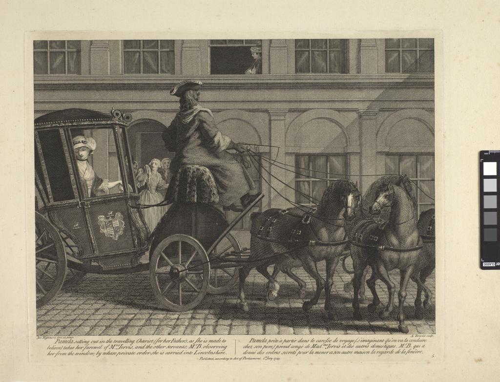 An image of Pamela leaves Mr B's house in Bedfordshire. Plate 5. Adventures of Pamela. Benoist, Antoine (French, in Britain, 1721-1770). After Highmore, Joseph (British, 1692-1780). Richardson, Samuel, author. Etching, engraving, 1745.