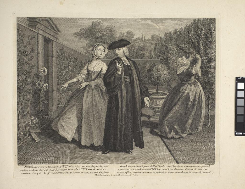 An image of Pamela shows Mr Williams a hiding place for their letters. Plate 6. Adventures of Pamela. Benoist, Antoine (French, in Britain, 1721-1770). After Highmore, Joseph (British, 1692-1780). Richardson, Samuel, author. Etching, engraving, 1745.