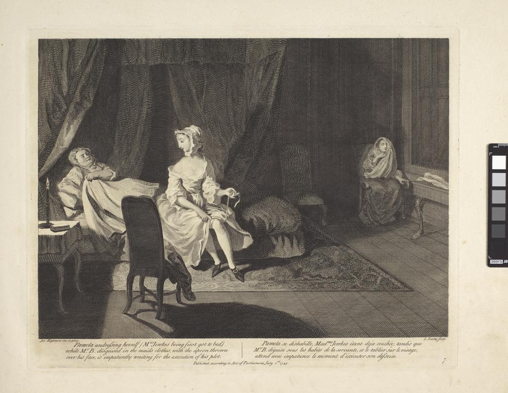 An image of Pamela in the bedroom with Mrs Jewkes and Mr. B. Plate 7. Adventures of Pamela. Truchy, Laurent (French, 1721 (1731?)-1764). After Highmore, Joseph (British, 1692-1780). Richardson, Samuel, author. Etching, engraving, 1745.