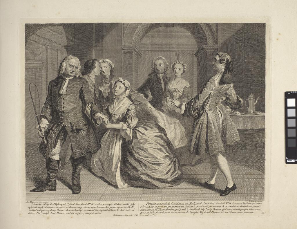An image of Pamela asks for Sir Jacob Swinford's blessing. Plate 11. Adventures of Pamela. Truchy, Laurent (French, 1721 (1731?)-1764). After Highmore, Joseph (British, 1692-1780). Richardson, Samuel, author. Etching, engraving, 1745.