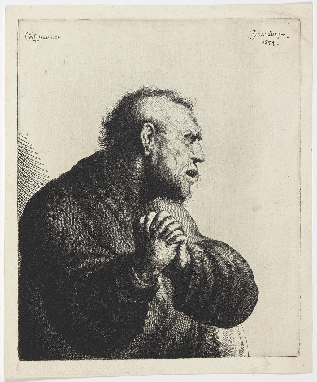 An image of A Man Grieving. Vliet, Jan van (Dutch, c.1610-c.1668). After Rembrandt Harmensz. van Rijn (Dutch, 1606-1669). Etching, 1634. Production Note: State I/II. Notes: The man is based on the figure of Judas in a painting by Rembrandt. Alternative Number: Hollstein (Dutch/Flemish); B22.