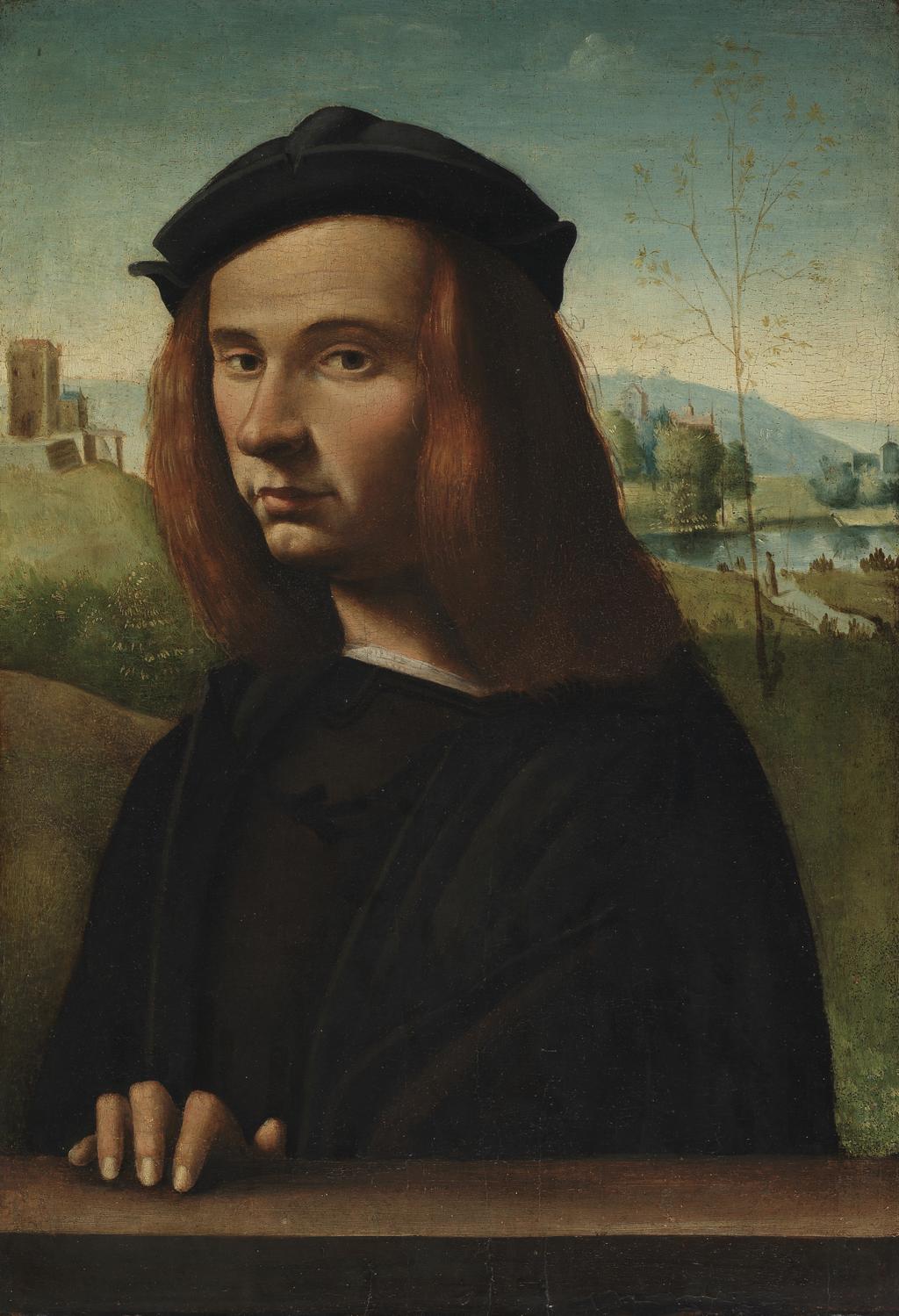 An image of Portrait of a young man. Ghirlandaio, Ridolfo (Ridolfo di Domenico Bigordi), (Italian, 1483-1561). Oil on panel, height 52.1 cm, width 36.2 cm, circa 1500. Florentine School.