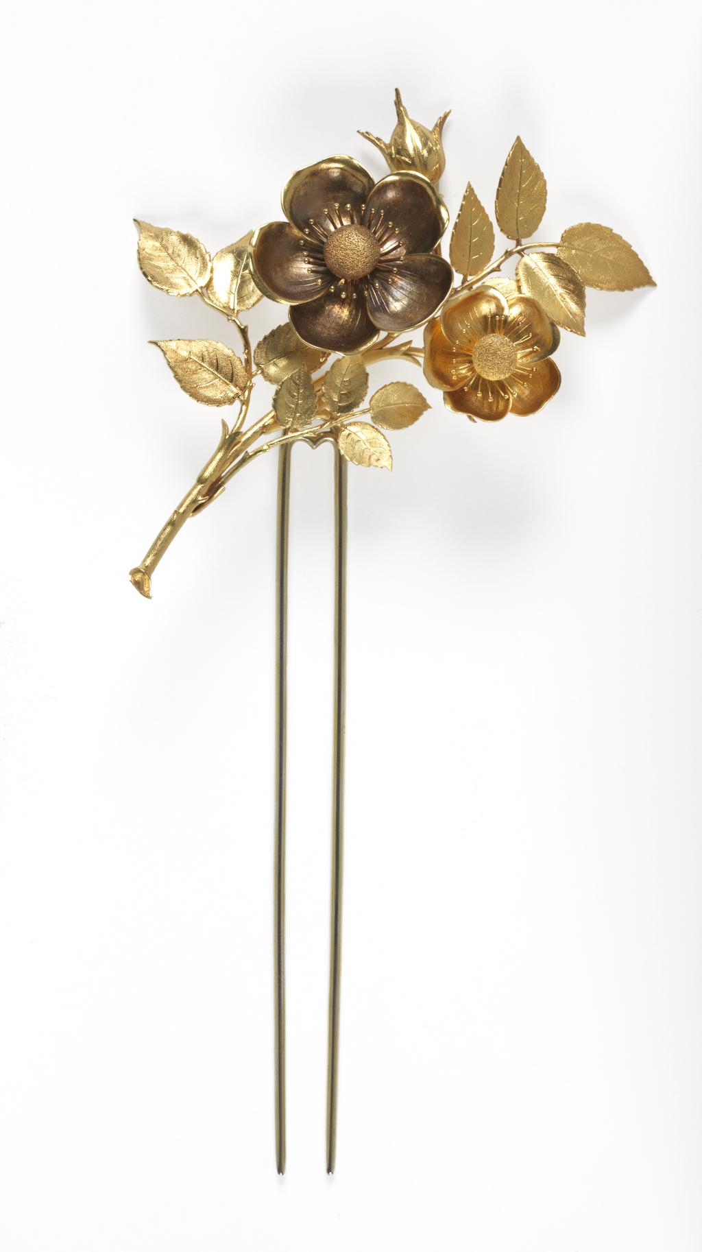 An image of Jewellery. Brooch. Hunt and Roskell, London. Gold, cast and chased in the shape of a spray of wild roses; detachable brooch-pin-fastening (A) screwed onto the back. Accompanied by a two-pronged pin (B) which converts the brooch into a hair ornament when screwed into the back in place of the pin-fastening. In rectangular maroon velvet case (C), the lid of which is lined with white silk and stamped in gold with the maker's name and address. The hair pin lies in a separate compartment in the base of the case. Height, brooch, 9.0 cm, width, brooch, 7.0 cm, length, pin, 12.1 cm, circa 1850. Acquisition Credit: Given by Mrs J. Hull Grundy.