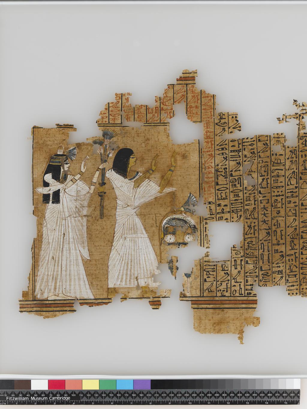 An image of Written document. Cursive hieroglyphs and vignettes. Substantial parts of the Book of the Dead of Ramose, supervisor of the royal archives, with highly detailed vignettes. Production Place: Egypt. Find Spot: Sedment, Egypt. Papyrus, length, 20 m, minimum, height, 41 cm, average. New Kingdom, Nineteenth Dynasty. Reign of Seti I. Related Objects: E.43.1921, E.42.1921.