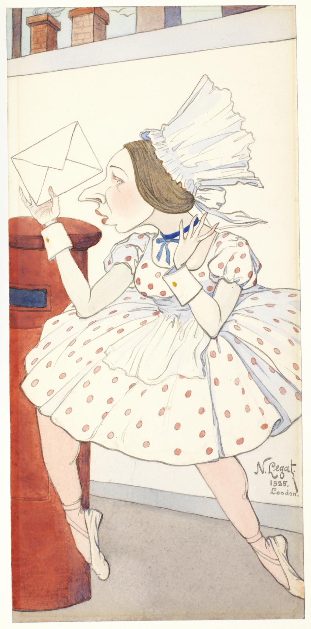 An image of Lydia Lopokova as the maid in 'The Postman'. Legat, Nicolas (1869-1937). Watercolour and graphite on paper, height 269 mm, width 126 mm, 1925.