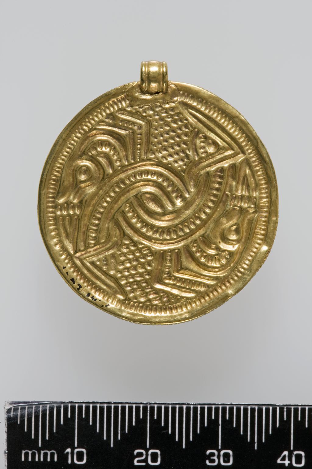 An image of Bracteate. Gold, embossed and chased. Sheet gold, embossed with two interlaced lacertine monsters on a ground of chequers in Style II. Height 3.8 cm, width 3.8 cm. Anglo-Saxon, Kent. Circa 600-700.