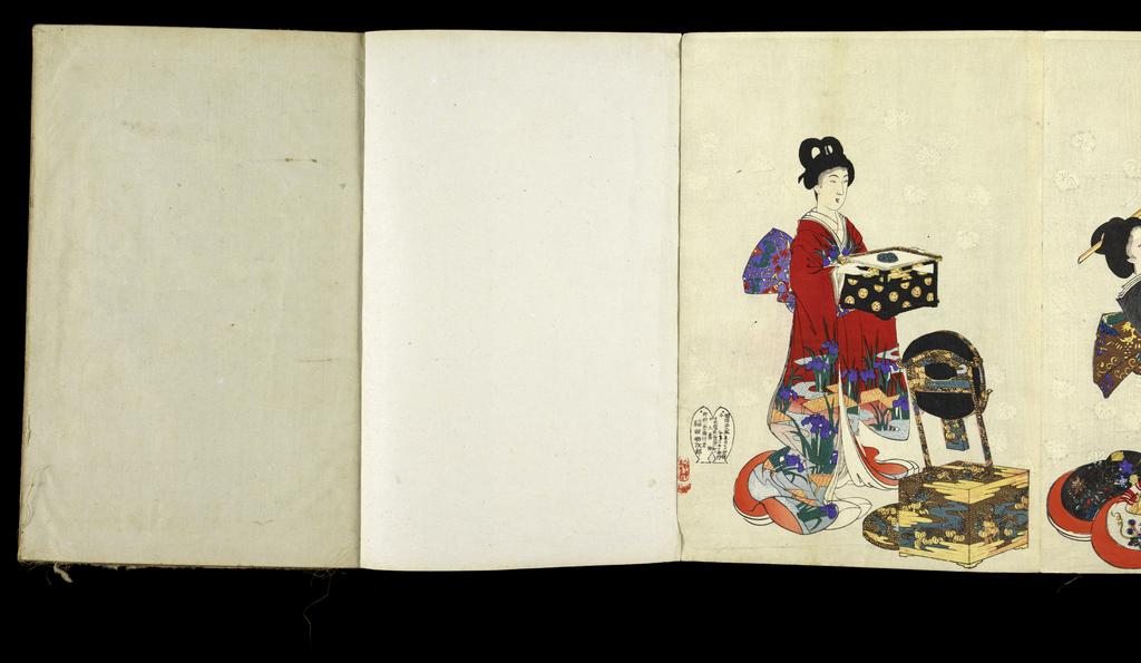 An image of Print album. Chiyoda no o-oku (The Inner Precincts at Chiyoda [Castle]). Chikanobu, Yôshû, designer (Japanese, 1838-1912). Production Place: Tokyo, publisher. Album of Japanese origin with printed title-cartouche and handwritten inscription on the first fold, containing 20 triptychs (60 sheets) printed in colours from woodblocks, with special printing effects such as burnishing (shomenzuri and tsuyazuri) and blind-embossing (karazuri). The prints come from a set of 40 triptychs entitled Chiyoda no o-oku (The Inner Precincts at Chiyoda [Castle]), designed by Yōshū Chikanobu and published by Fukuda Hatsujirō in Tokyo in 1895-6. Each triptych bears the artist’s signature, the publisher’s fish or double-fish mark, and a printed seal with the name of the block-carver. The series title is in the tall cartouche, with the individual scene’s title below (within the cartouche). Woodblock, colour printing, 1895-1896.