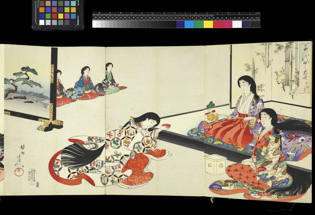 An image of Print album. Chiyoda no o-oku (The Inner Precincts at Chiyoda [Castle]). Chikanobu, Yôshû, designer (Japanese, 1838-1912). Production Place: Tokyo, publisher. Album of Japanese origin with printed title-cartouche and handwritten inscription on the first fold, containing 20 triptychs (60 sheets) printed in colours from woodblocks, with special printing effects such as burnishing (shomenzuri and tsuyazuri) and blind-embossing (karazuri). The prints come from a set of 40 triptychs entitled Chiyoda no o-oku (The Inner Precincts at Chiyoda [Castle]), designed by Yōshū Chikanobu and published by Fukuda Hatsujirō in Tokyo in 1895-6. Each triptych bears the artist’s signature, the publisher’s fish or double-fish mark, and a printed seal with the name of the block-carver. The series title is in the tall cartouche, with the individual scene’s title below (within the cartouche). Woodblock, colour printing, 1895-1896.