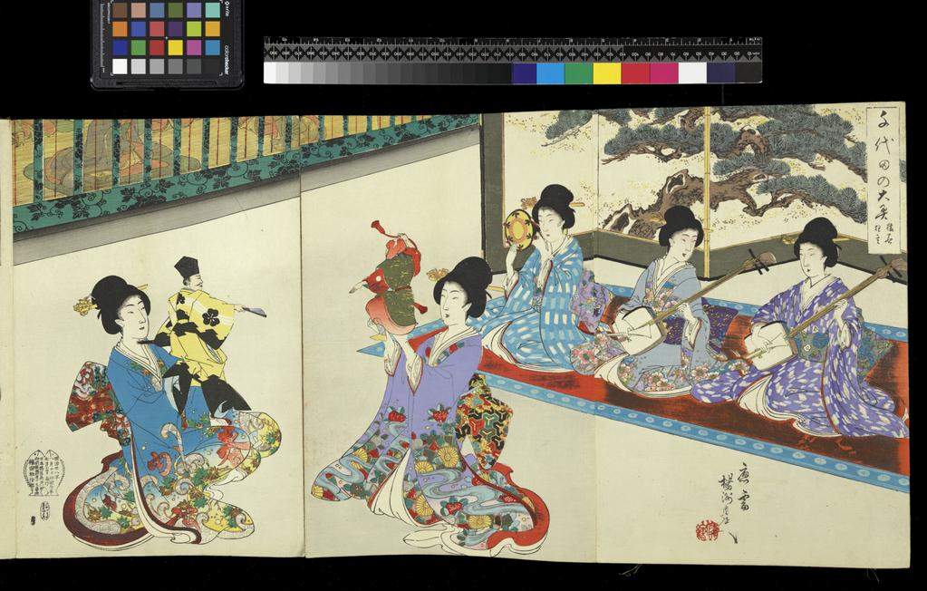 An image of Print album. Chiyoda no o-oku (The Inner Precincts at Chiyoda [Castle]). Chikanobu, Yôshû, designer (Japanese, 1838-1912). Production Place: Tokyo, publisher. Album of Japanese origin with printed title-cartouche and handwritten inscription on the first fold, containing 20 triptychs (60 sheets) printed in colours from woodblocks, with special printing effects such as burnishing (shomenzuri and tsuyazuri) and blind-embossing (karazuri). The prints come from a set of 40 triptychs entitled Chiyoda no o-oku (The Inner Precincts at Chiyoda [Castle]), designed by Yōshū Chikanobu and published by Fukuda Hatsujirō in Tokyo in 1895-6. Each triptych bears the artist’s signature, the publisher’s fish or double-fish mark, and a printed seal with the name of the block-carver. The series title is in the tall cartouche, with the individual scene’s title below (within the cartouche). Woodblock, colour printing, 1895-1896.