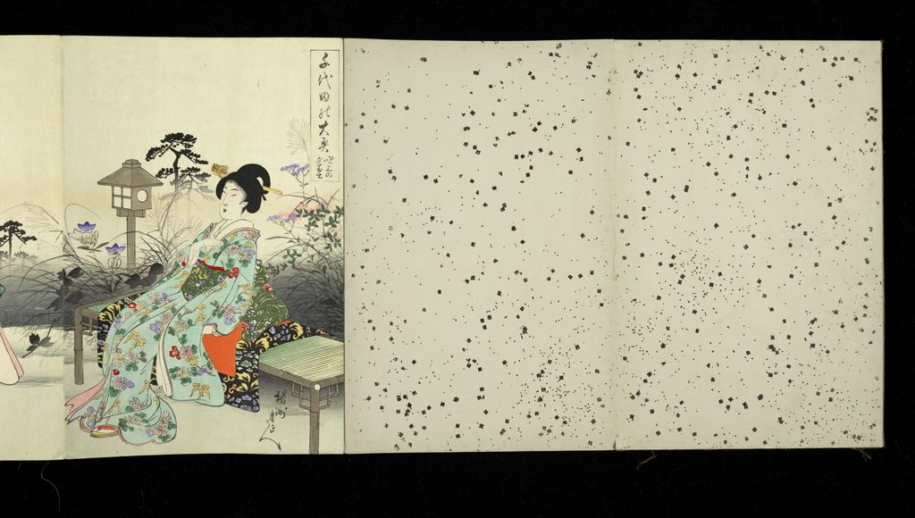 An image of Print album. Chiyoda no o-oku (The Inner Precincts at Chiyoda [Castle]). Chikanobu, Yôshû, designer (Japanese, 1838-1912). Production Place: Tokyo, publisher. Album of Japanese origin with printed title-cartouche and handwritten inscription on the first fold, containing 20 triptychs (60 sheets) printed in colours from woodblocks, with special printing effects such as burnishing (shomenzuri and tsuyazuri) and blind-embossing (karazuri). The prints come from a set of 40 triptychs entitled Chiyoda no o-oku (The Inner Precincts at Chiyoda [Castle]), designed by Yōshū Chikanobu and published by Fukuda Hatsujirō in Tokyo in 1895-6. Each triptych bears the artist’s signature, the publisher’s fish or double-fish mark, and a printed seal with the name of the block-carver. The series title is in the tall cartouche, with the individual scene’s title below (within the cartouche). Woodblock, colour printing, 1895-1896.