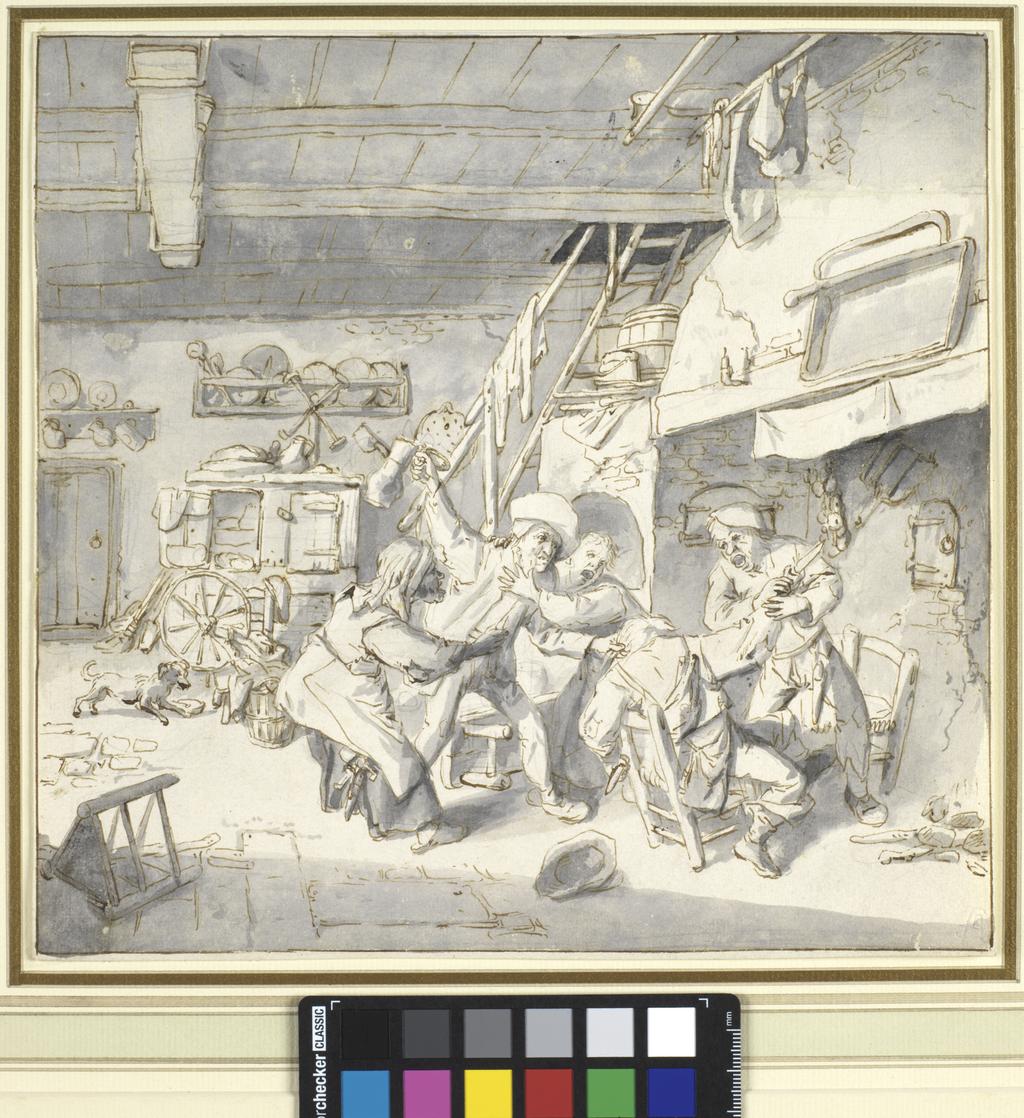 An image of A brawl in a farm house. Dusart, Cornelis (Dutch, 1660-1704). Pen and brown ink over black chalk with grey wash, and a line of brown wash bordering it on all sides, on laid paper, height 228 mm, width 234 mm. Production Note: pair to PD.281-1963.