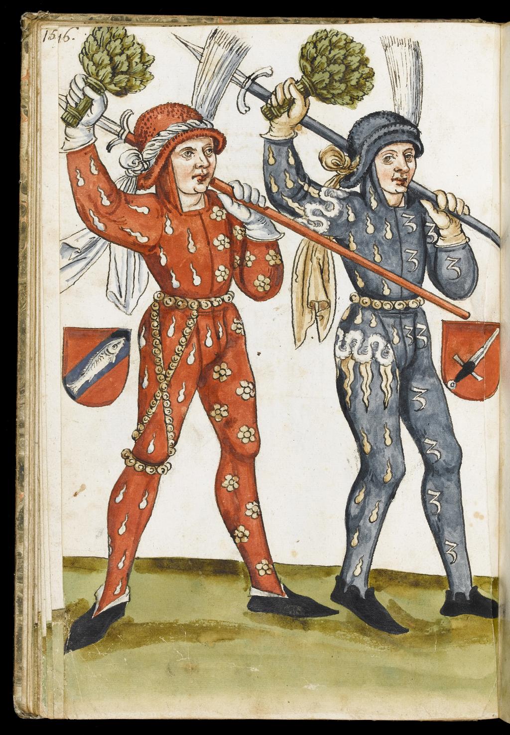 An image of Schönbartbuch.1503 Halberdier, arms of Jörg Ketzell and Caspar Baumgartner, and small elephant bearing on his back enwalled tower from which rockets are fired (pageant). Sixty-two full-page drawings of the Schönbartläufer with arms of captains and occasional Höllen (pageant-sleighs). Illuminated manuscript. Southern German, gold and paper, height, page, 306 mm, width, page, 203 mm, 1580-1590.  