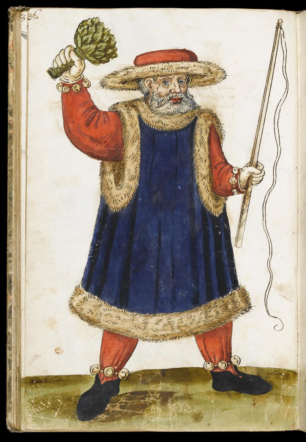 An image of Schönbartbuch.1503 Halberdier, arms of Jörg Ketzell and Caspar Baumgartner, and small elephant bearing on his back enwalled tower from which rockets are fired (pageant). Sixty-two full-page drawings of the Schönbartläufer with arms of captains and occasional Höllen (pageant-sleighs). Illuminated manuscript. Southern German, gold and paper, height, page, 306 mm, width, page, 203 mm, 1580-1590.  