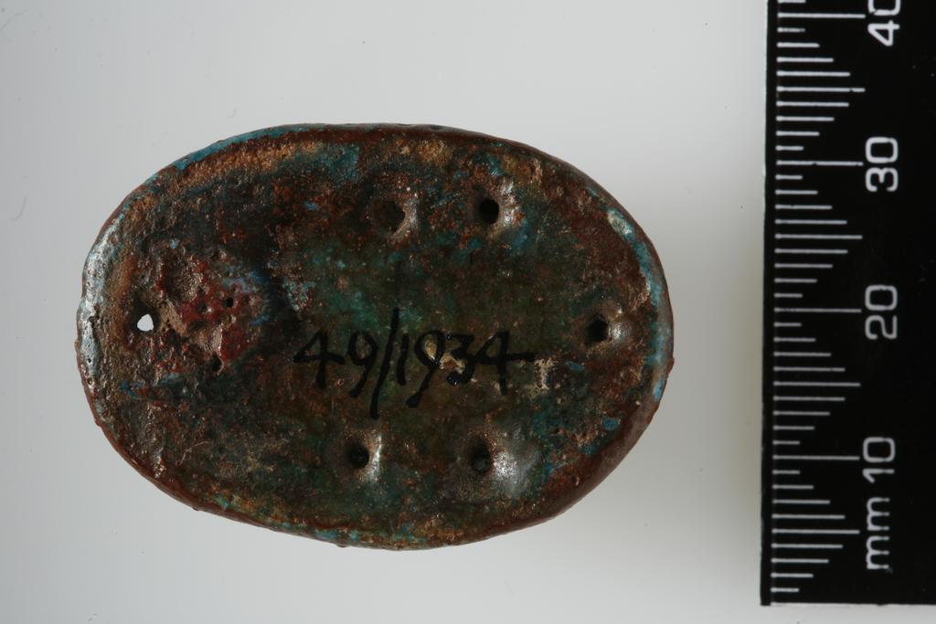 An image of Scarab. Inscribed. Production Place/Find Spot: Egypt. Depth mm, length mm, width mm.