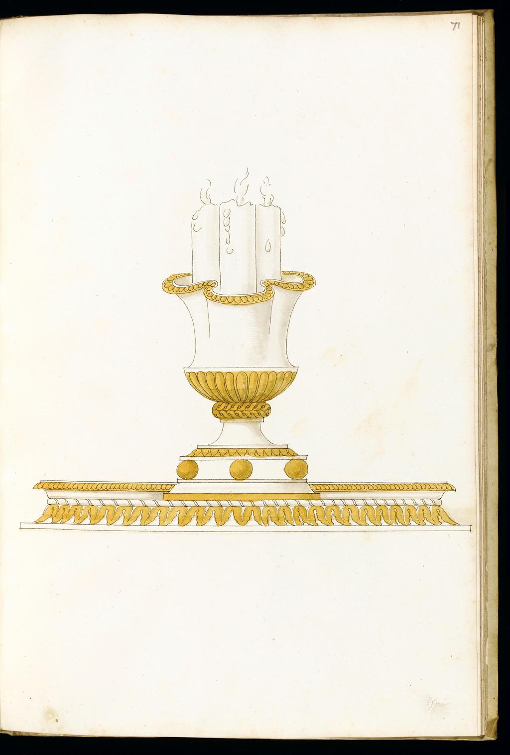 An image of Title/s: Designs for SilverwareMaker/s: Giulio Romano (Giulio Pippi) after (draughtsman) [ULAN info: 1499 ?-1546; Artist, Painter, Mantova, Roma]Description: Sketchbook is bound in vellum and has 101 leaves.Technique Description: pen and brown ink, yellow and grey wash on paper Dimensions: height: (leave size): 397 mm, width: (leave size): 267 mm