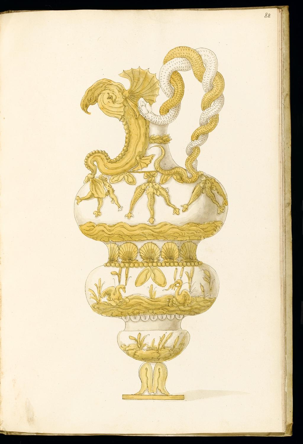 An image of Title/s: Designs for SilverwareMaker/s: Giulio Romano (Giulio Pippi) after (draughtsman) [ULAN info: 1499 ?-1546; Artist, Painter, Mantova, Roma]Description: Sketchbook is bound in vellum and has 101 leaves.Technique Description: pen and brown ink, yellow and grey wash on paper Dimensions: height: (leave size): 397 mm, width: (leave size): 267 mm