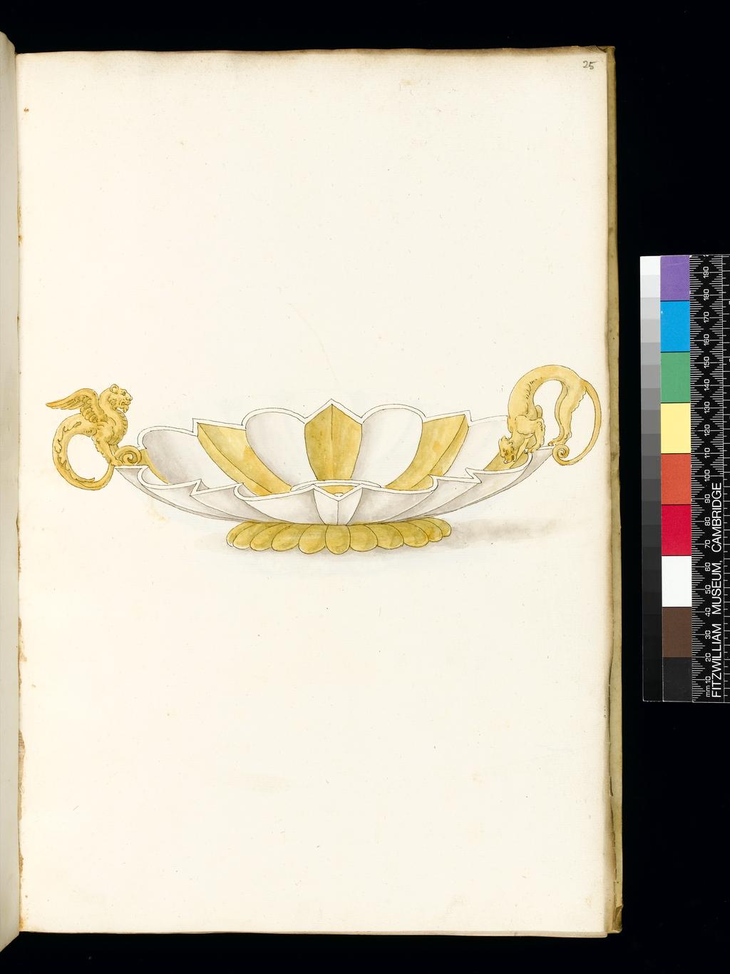 An image of Title/s: Designs for SilverwareMaker/s: Giulio Romano (Giulio Pippi) after (draughtsman) [ULAN info: 1499 ?-1546; Artist, Painter, Mantova, Roma]Description: Sketchbook is bound in vellum and has 101 leaves.Technique Description: pen and brown ink, yellow and grey wash on paper Dimensions: height: (leave size): 397 mm, width: (leave size): 267 mm