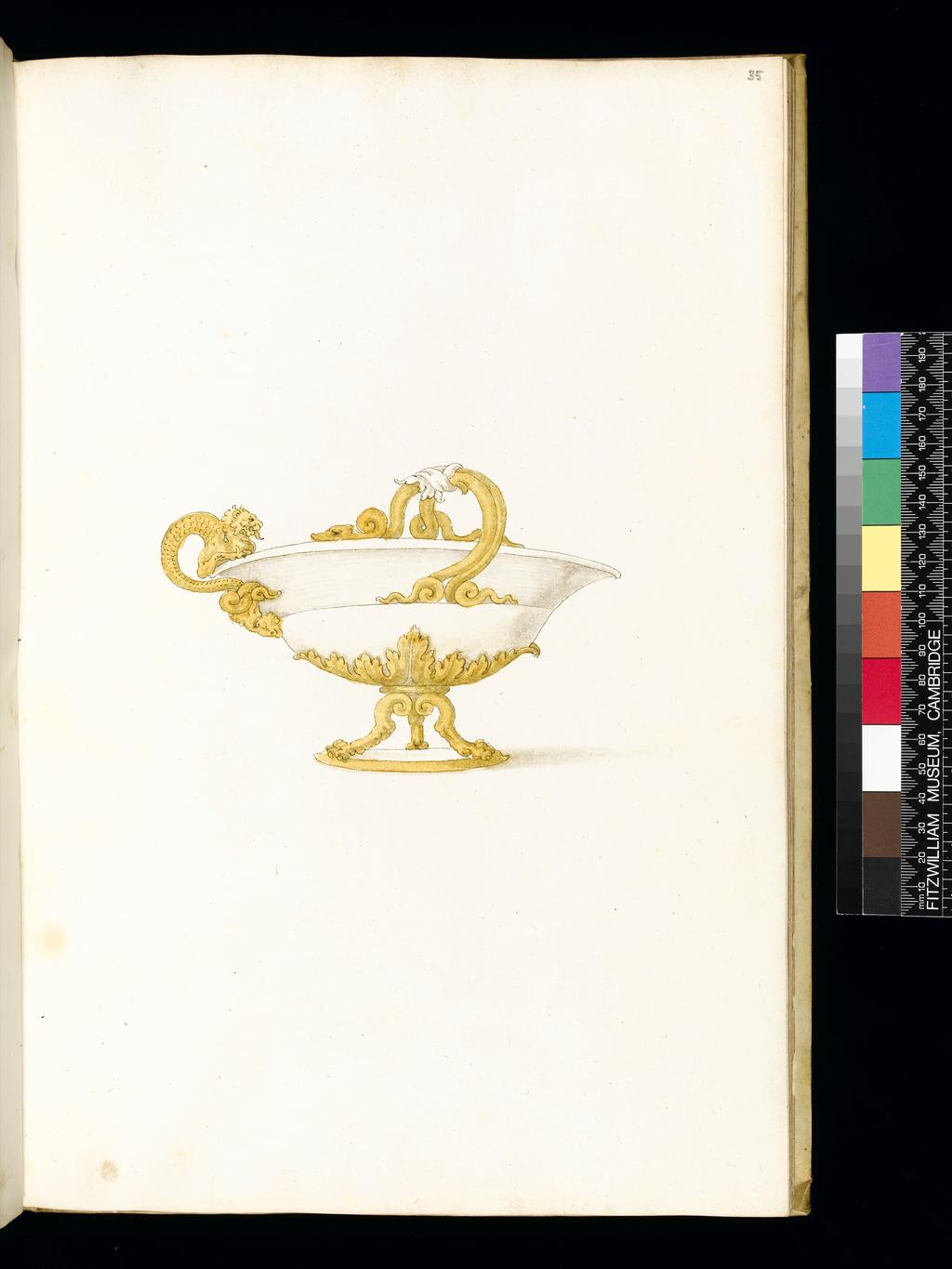 An image of Title/s: Designs for SilverwareMaker/s: Giulio Romano (Giulio Pippi) after (draughtsman) [ULAN info: 1499 ?-1546; Artist, Painter, Mantova, Roma]Description: Sketchbook is bound in vellum and has 101 leaves.Technique Description: pen and brown ink, yellow and grey wash on paper Dimensions: height: (leave size): 397 mm, width: (leave size): 267 mm