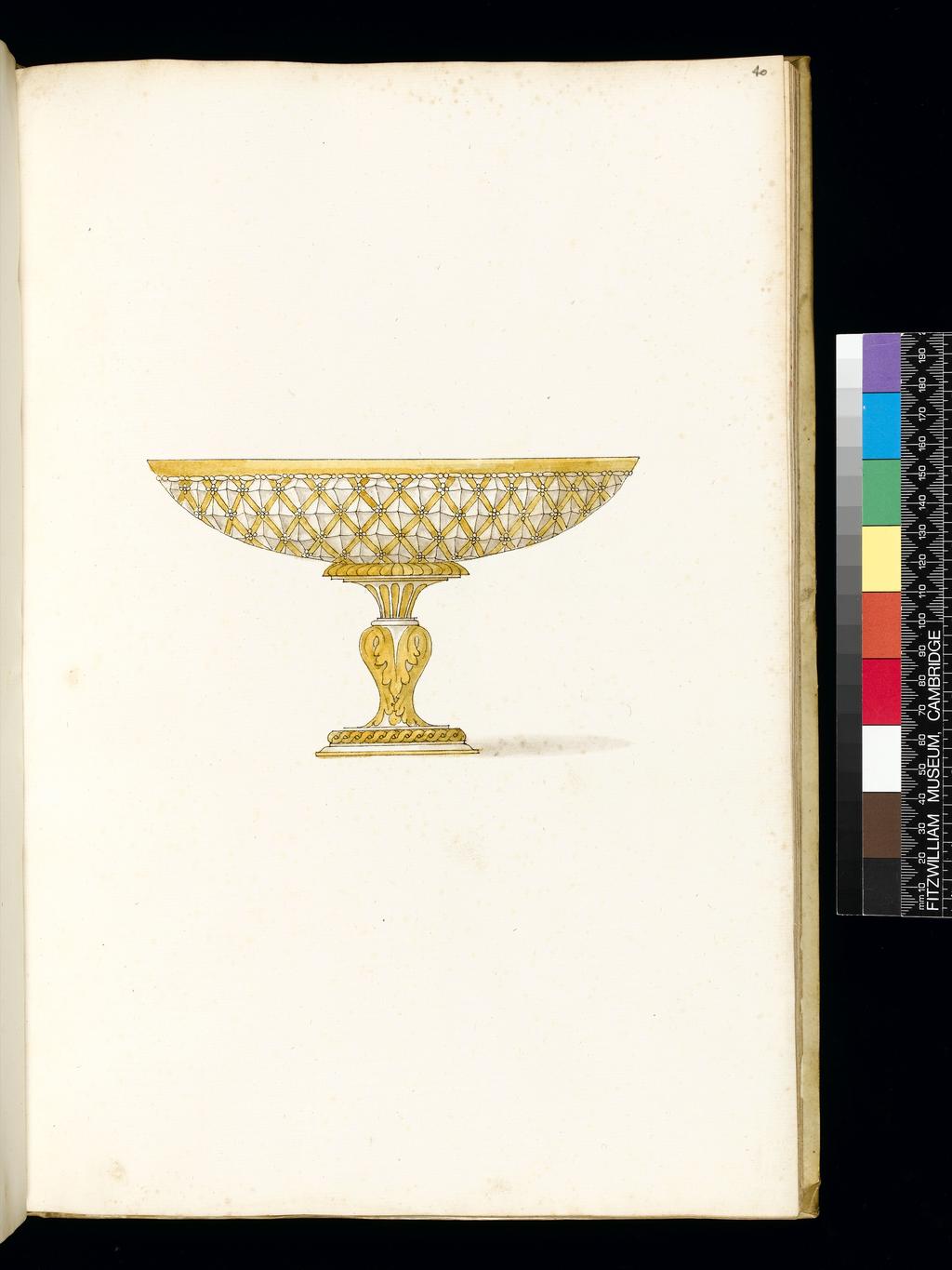 An image of Title/s: Designs for SilverwareMaker/s: Giulio Romano (Giulio Pippi) after (draughtsman) [ULAN info: 1499 ?-1546; Artist, Painter, Mantova, Roma]Description: Sketchbook is bound in vellum and has 101 leaves.Technique Description: pen and brown ink, yellow and grey wash on paper Dimensions: height: (leave size): 397 mm, width: (leave size): 267 mm