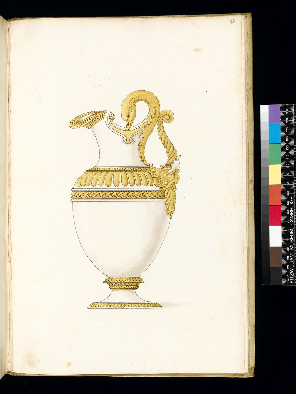 An image of Title/s: Designs for SilverwareMaker/s: Giulio Romano (Giulio Pippi) after (draughtsman) [ULAN info: 1499 ?-1546; Artist, Painter, Mantova, Roma]Description: Sketchbook is bound in vellum and has 101 leaves.Technique Description: pen and brown ink, yellow and grey wash on paper Dimensions: height: (leave size): 397 mm, width: (leave size): 267 mm