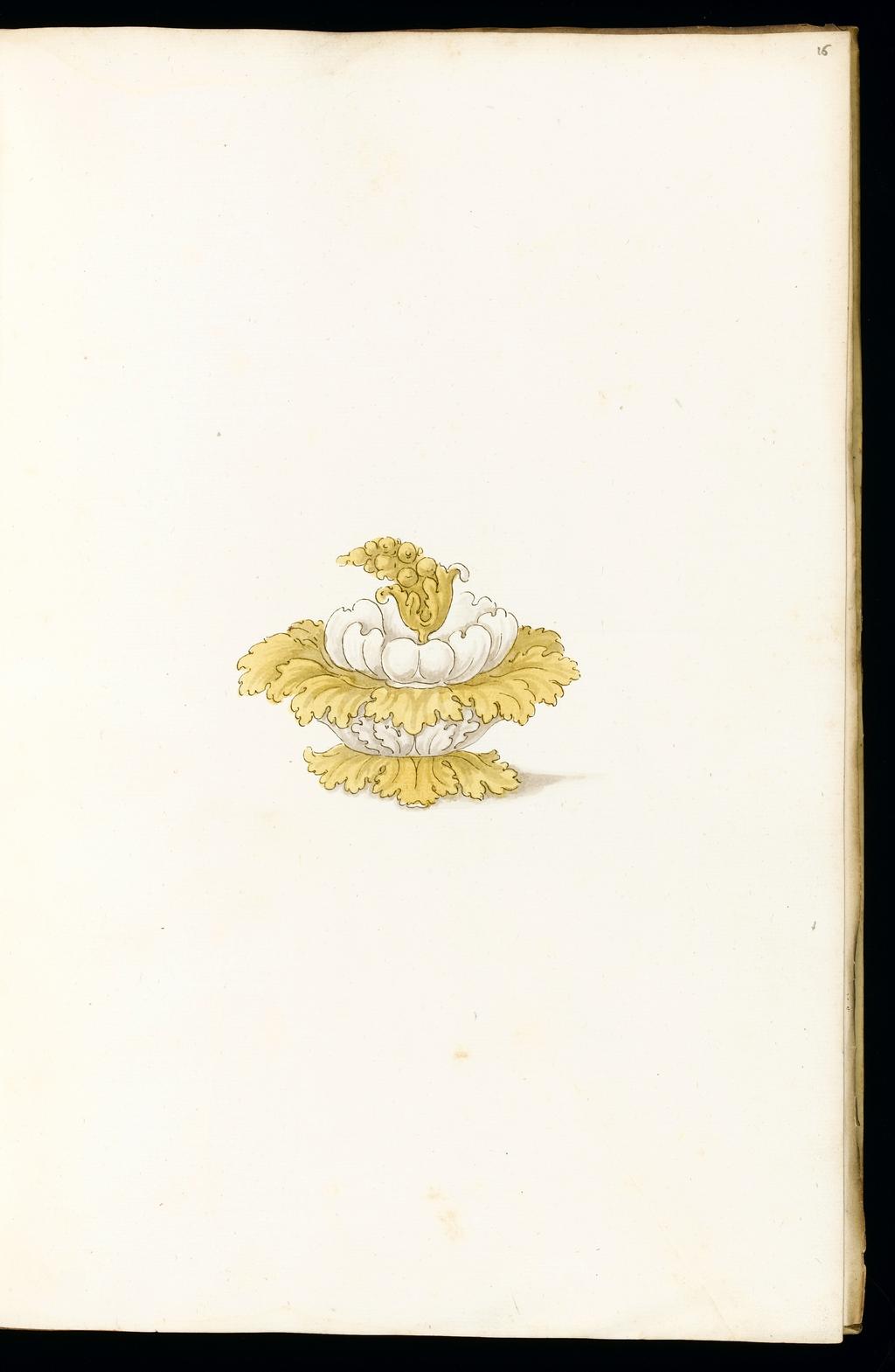 An image of Title/s: Designs for Silverware
Maker/s: Giulio Romano (Giulio Pippi) after (draughtsman) [ULAN info: 1499 ?-1546; Artist, Painter, Mantova, Roma]
Description: Sketchbook is bound in vellum and has 101 leaves.
Technique Description: pen and brown ink, yellow and grey wash on paper 
Dimensions: height: (leave size): 397 mm, width: (leave size): 267 mm