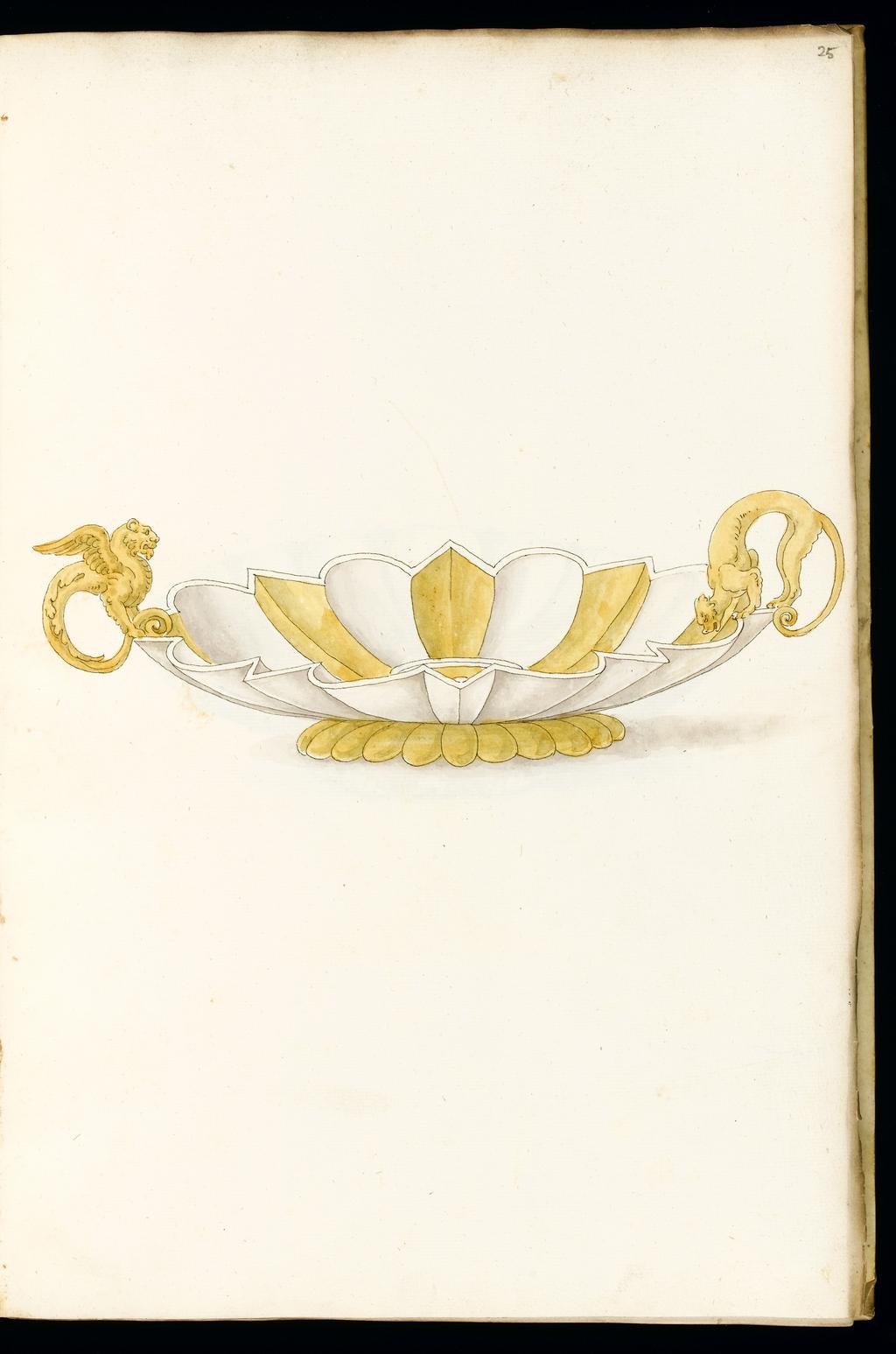 An image of Title/s: Designs for SilverwareMaker/s: Giulio Romano (Giulio Pippi) after (draughtsman) [ULAN info: 1499 ?-1546; Artist, Painter, Mantova, Roma]Description: Sketchbook is bound in vellum and has 101 leaves.Technique Description: pen and brown ink, yellow and grey wash on paper Dimensions: height: (leave size): 397 mm, width: (leave size): 267 mm