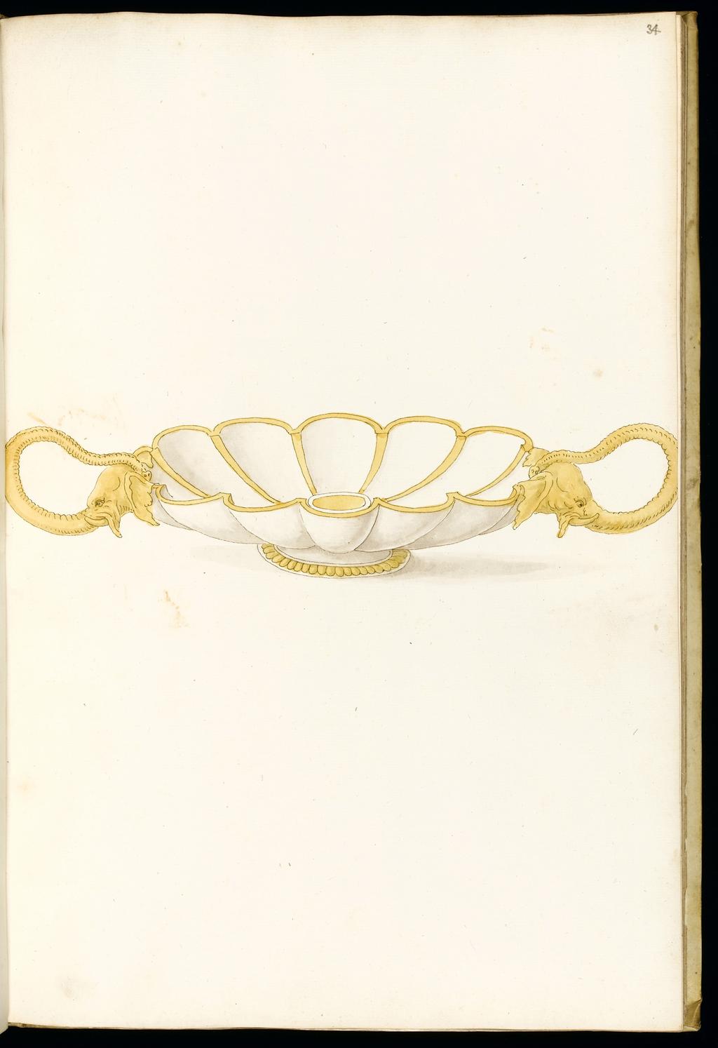 An image of Title/s: Designs for SilverwareMaker/s: Giulio Romano (Giulio Pippi) after (draughtsman) [ULAN info: 1499 ?-1546; Artist, Painter, Mantova, Roma]Description: Sketchbook is bound in vellum and has 101 leaves.Technique Description: pen and brown ink, yellow and grey wash on paper Dimensions: height: (leave size): 397 mm, width: (leave size): 267 mm