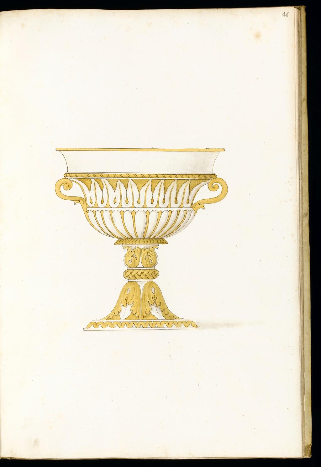 An image of Title/s: Designs for SilverwareMaker/s: Giulio Romano (Giulio Pippi) after (draughtsman) [ULAN info: 1499 ?-1546; Artist, Painter, Mantova, Roma]Description: Sketchbook is bound in vellum and has 101 leaves.Technique Description: pen and brown ink, yellow and grey wash on paper Dimensions: height: (leave size): 397 mm, width: (leave size): 267 mm